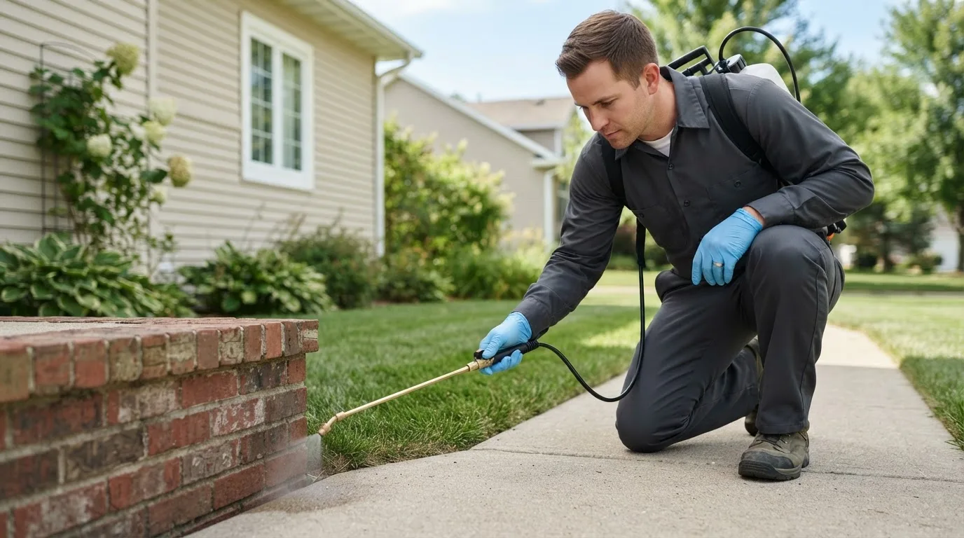 Pest control technician treating a home near Addison, TX